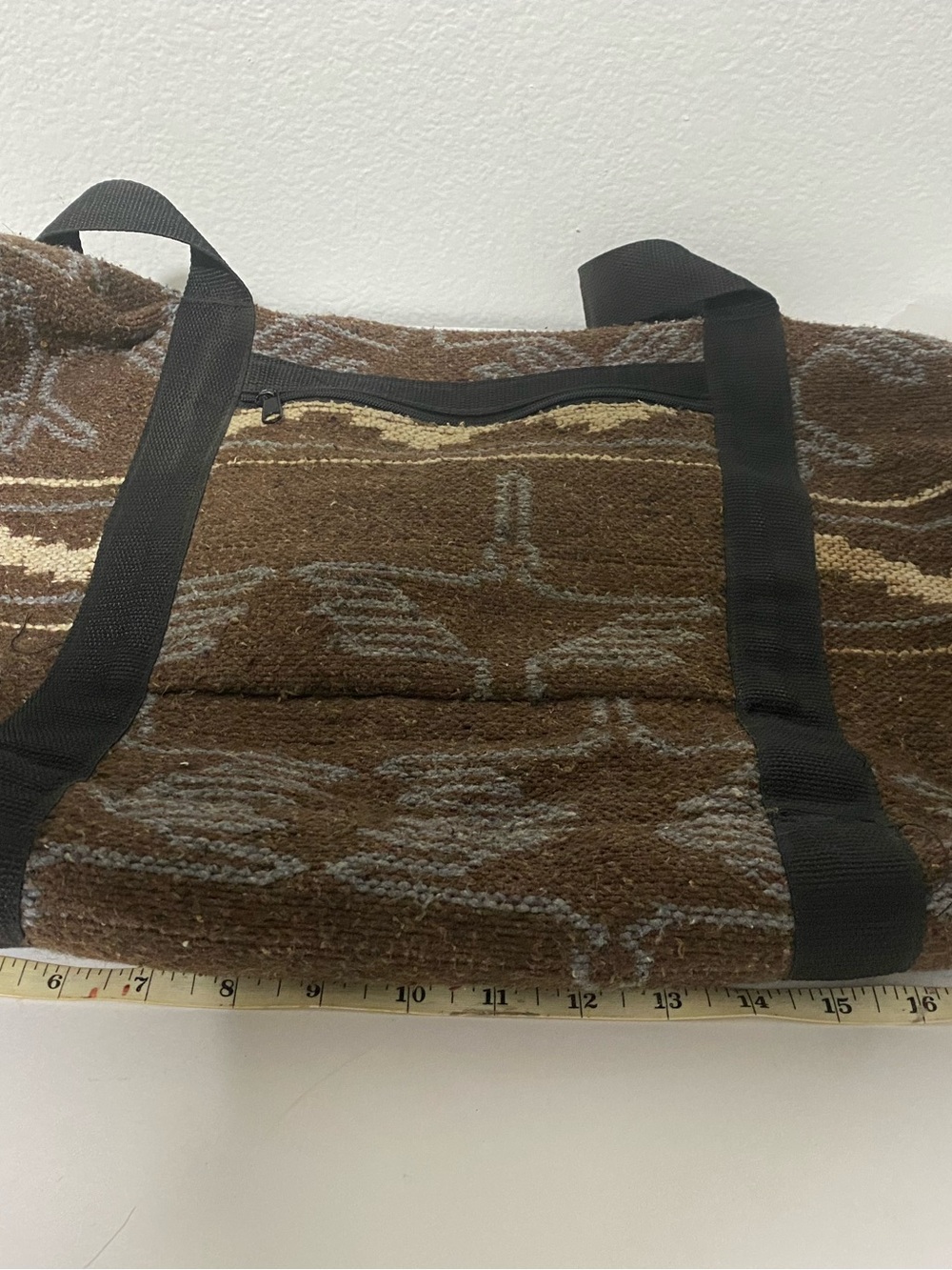 Brown Patterned Canvas Weekender Bag with Black Straps